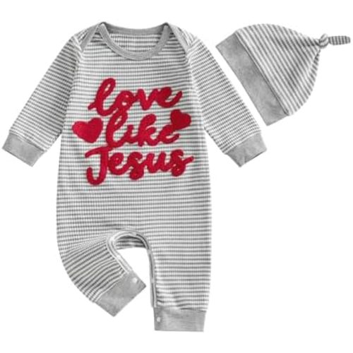 ZAXARRA Newborn Boy Stripe Romper Letter Embroidery Round Neck Jumpsuit with Hat