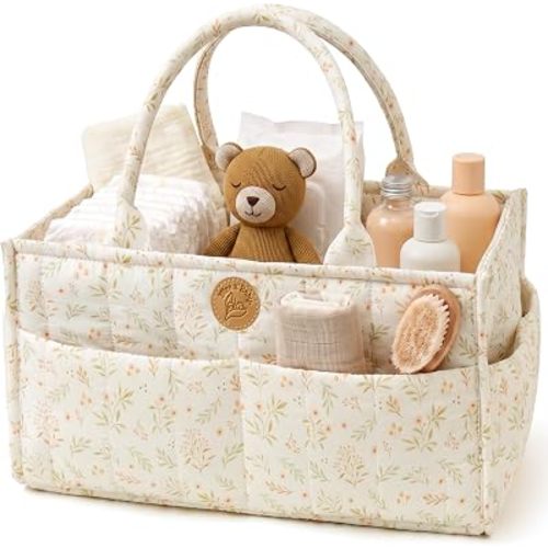 Floral Diaper Caddy Organizer - Portable Diaper Caddy with Handles & Removable Dividers - Large & Quilted Nursery Storage Basket for Girls - Woodland Nursery Decor & Wildflower Gift for Baby Shower