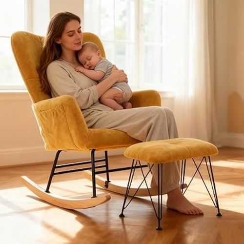 KEEZY Rocking Chair Nursery with Stool,Upholstered Glider Rocker,Rocking Accent Chair with Padded Seat with High Backrest,Reading Chair,Armchair Comfy Side Chair for Living Room Bedroom (Yellow)