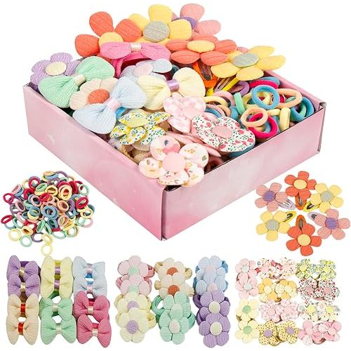 150Pcs suitable for girls' children's hairbands and hair clips, box packaging, bow and sweet flower style, fresh and cute, suitable for little girls' hair accessories