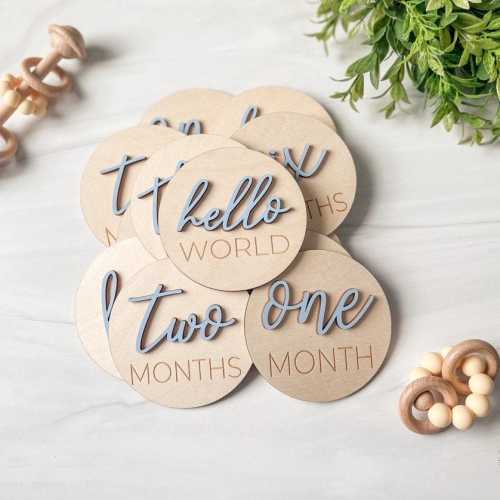 3D Wooden Monthly Milestone Discs With Light Blue Letters For Baby Photos | Monthly Milestone Marker | Milestone Cards