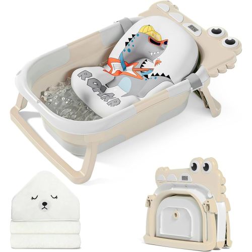 MoreFeel Collapsible Baby Bathtub for Newborn with Thermometer & 1 Hooded Towel & 1 Soft Floating Cushion,Portable Travel Bathtub with Drain Hole, Durable Foldable Baby Tubs for Infants to Toddler