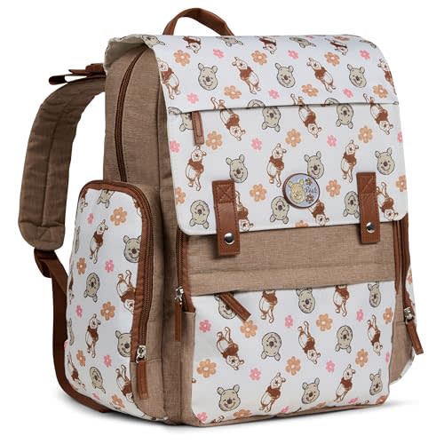 Disney Diaper Bag Backpack with Changing Pad Winnie the Pooh – 16” Nylon Baby Bag for Parents, Insulated Bottle Holders, Multiple Storage Pockets