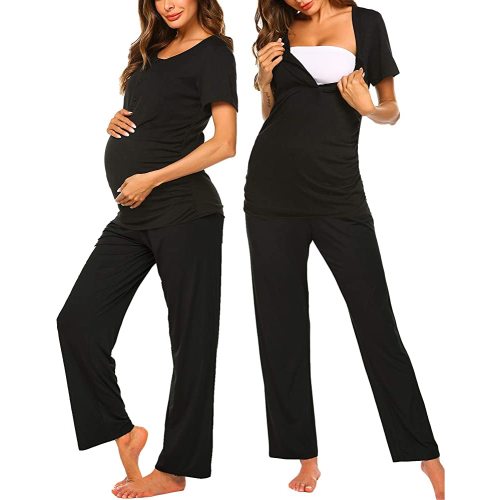 Ekouaer Women's Maternity Nursing Pajamas Sets Breastfeeding Printed Sleepwear Short Sleeve 2 Pcs Henley Top and Pants Set