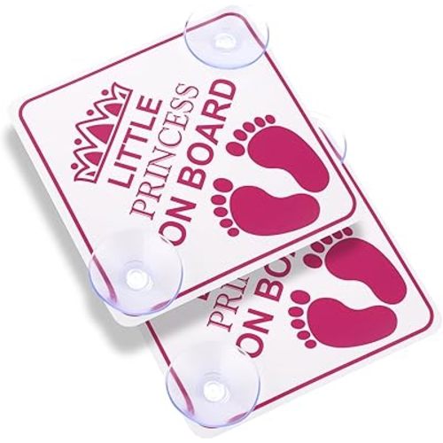 cobee Car Safety Warning Signs Sticker, 2 Pcs 5" x 5” Little Princess on Board Car Bumper Stickers Removable Waterproof Car Decals Accessories with Double Suction Cups for Vehicles & Windows(Pink)