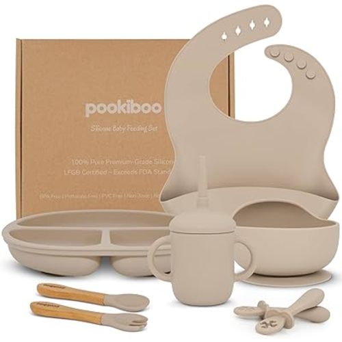 Juego de alimentación de silicona para bebés – 100% pura LFGB Premium Silicona – Juego de 8 piezas de alimentación: babero, taza de pajita, plato de succión y cuenco, tenedor y cuchara, cucharas de