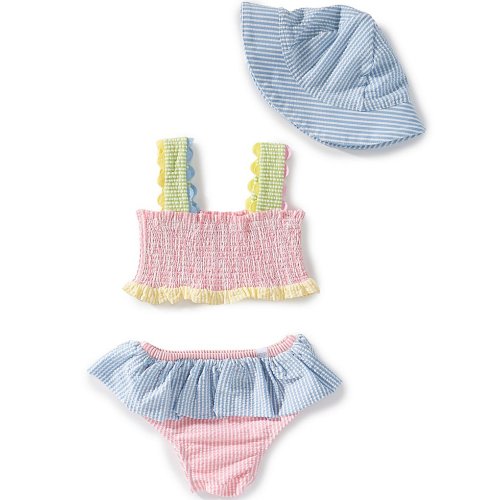 Mud Pie Baby Girls Seersucker Smocked 2-Piece Swimsuit & Hat Set