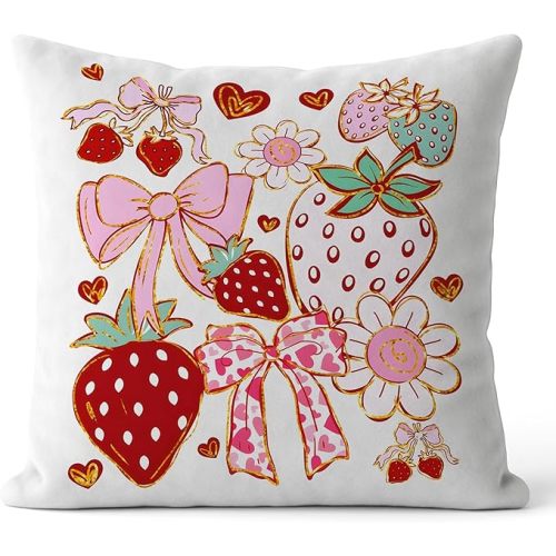 Coquette Floral Strawberry Pillow Covers 18x18, Coquette Girly Room Decor, Preppy Pink Bow Strawberry Decorative Throw Pillow Covers for Girls Bedroom Dorm Apartment