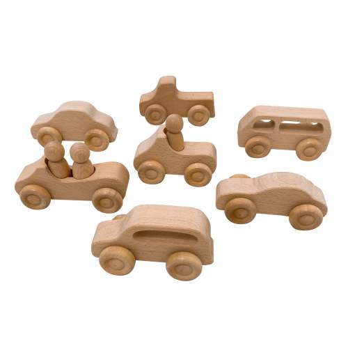 7 Pcs Natural Wooden Cars Set with 3 pcs Peg Dolls