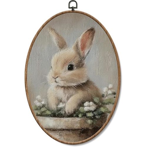 Yorhifa Vintage Bunny Framed Wall Art, Rustic Rabbit Oval Wall Art, Cottagecore Farmhouse Bunny Oval Walls Decor, Retro Rabbit Farm Animal Canvas Artwork Hanging Decor, 8.5x11.5in