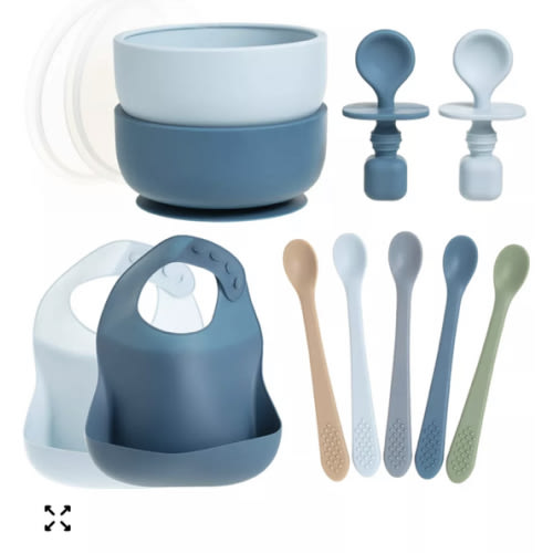 Toddler Feeding Set, Silicone Bib, Bowl & Spoons for Self-Feeding First Stage Essentials – Gum Friendly, BPA-Free, Easy to Clean & Safe for Babies, Pink