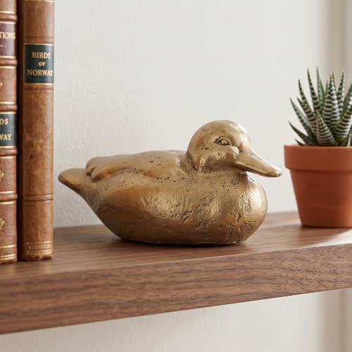 Antique Gold Cast Iron Duck Statue, Vintage Metal Duck Figurine Decor | Rustic Shelf & Bookcase Animal Collectible Paperweight for Living Room Desk