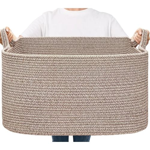 Goodpick Large Woven Basket, 21.6" x 14.9" x 11.8" Blanket Basket for Living Room, Bedroom, Rectangle Rope Storage Organizer for Clothes, Toys, Brown