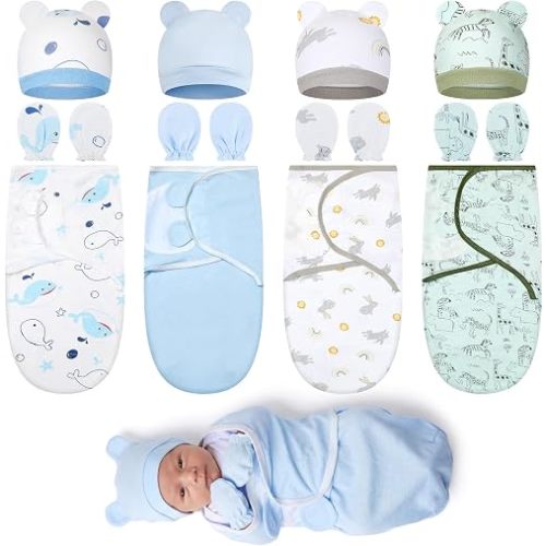 Ramede 4 Sets Preemie Swaddle Blanket with Hats and Mittens, Pure Cotton Breathable Newborn Swaddle Baby Wraps, Soft Adjustable for Preemie Girls Boys, Newborn Gift(Fresh Style)