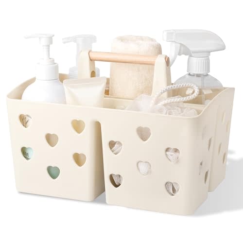 Anyoifax Portable Shower Caddy Plastic Shower Basket Organizer Divided Bathroom Caddy Storage Cleanning Caddy Tote with Handle for College, Dorm Room, Kitchen, Beige