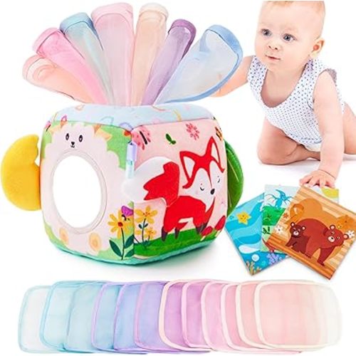 Baby Tissue Box Toy Montessori Toys for Infant 6,9,12,18 Months Sensory Tissue Box Toy with Mirror,Textured Tails,Squeaky Sounds for Boys&Girls Toddler Early Learning