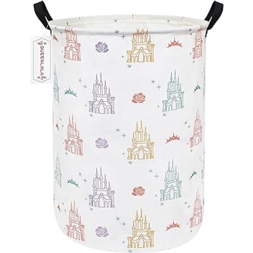 QUEENLALA Large Storage Basket,Laundry Hamper/Bathroom/Home Decor/Collapsible Round Storage Bin,Boys and Girls Hamper/Boxes/Clothing(Round-Rose Castle)