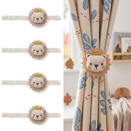 Tamhoo 4 Pack Lion Curtain Tiebacks, 3-Snap, Kids Room Decor (Lion) | 3-snap elastic holdbacks with no drilling; plush lions add warm character to safari, jungle and animal-themed nursery decor