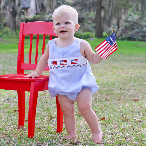Light Blue Gingham Flag Smocked Sun Bubble