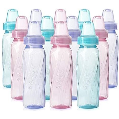 Evenflo Feeding Classic Tinted Plastic Standard Neck Bottles for Baby, Infant and Newborn, Pink/Lavender/Teal, 8 Ounce (Pack of 12)