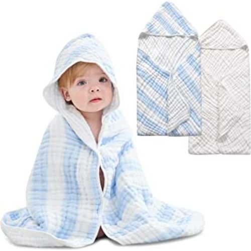 Baby Bath Towels Hooded, 9 Layers Natural Muslin Cotton Baby Bath Towels, 32 X 32 inches Soft and Comfortable Hooded Towel for Toddler,Boys,Girls (Blue Striped)…