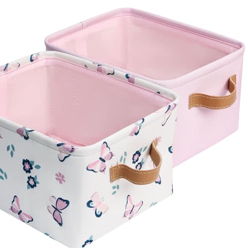Fabric Storage Bins Cute for Nursery 8"x5.2"x10" - Collapsible Butterfly & Pink Kids Baskets with Handles 2 Pack, Hamper Fabric Bin, Toy Toddler Basket, Diaper Storage Bins, Baby Room Decor