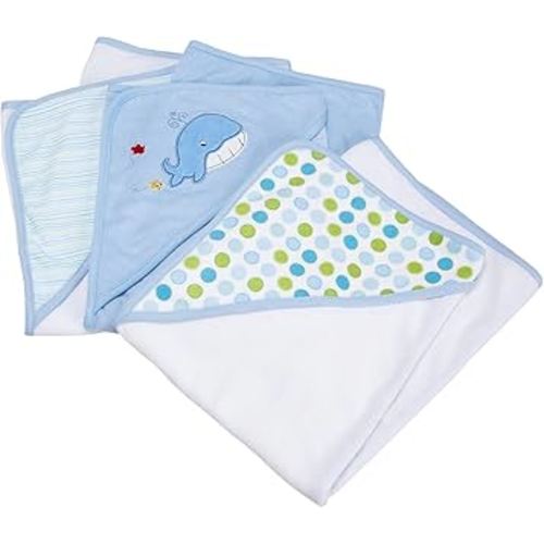 Spasilk Hooded Towel Set for Newborn Boys and Girls, Soft Terry Baby Towels, Baby Bath Essentials, Ideal, Blue Whale, Pack of 3
