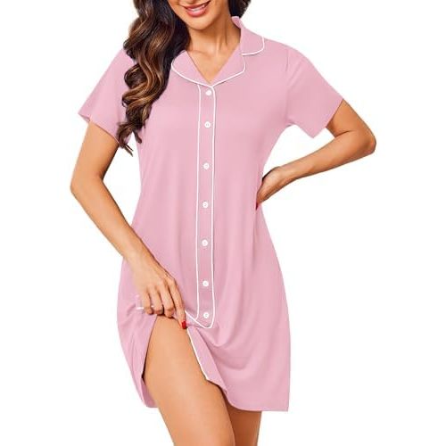 Ekouaer Nightgowns for Women Button Down Night Gowns Short Sleeve Night Dress Notch Collar Sleep Shirt Pajama Dress S-2XL