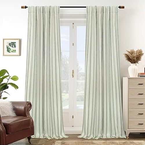DriftAway Farmhouse Linen Blackout Curtains 84 Inches Long for Bedroom Striped Double Layer Thermal Insulated Sound Reducing Lined Back Tab Rustic Drapes for Living Room 2 Panels W52 x L84 Loden Green