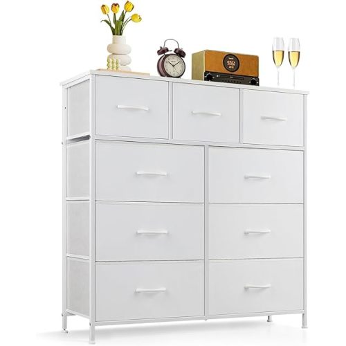 9-Drawer Dresser for Bedroom, Anti-Tip Tall Storage Organizer Chest of Drawers with Wooden Top and Metal Frame Fabric Bins for Closet, Living Room, Hallway, Entryway, White