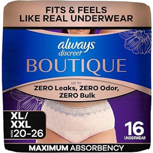 Always Discreet Boutique Black, Reimagined Adult Diapers for Women, Maximum Absorbency Incontinence and Postpartum Underwear Size XL/XXL, Fits and Feels Like Real Underwear, 16 Count​