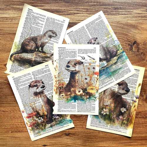 Set of 5 Watercolor Otter Prints, Print on Antique Dictionary Page,  Nursery decor, Baby Shower Gift, Nursery Wall Art, Bedroom Decor