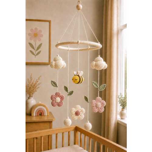 Bee Baby Mobile, Crochet Crib Mobile, Floral Nursery Decor, Bumble Bee Nursery Theme, Wildflower Nursery, Baby Shower Gift
