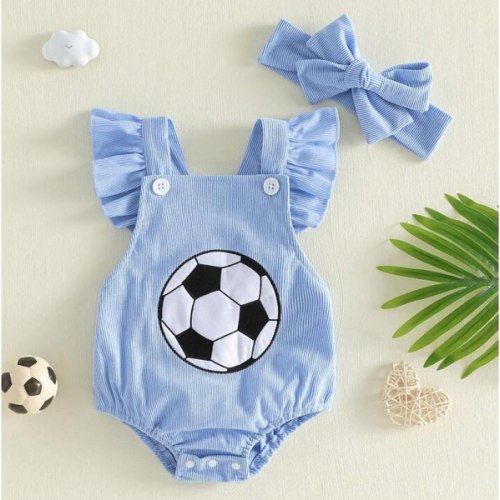 Infant Baby Girl Rompers Flying Sleeve Square Neck Soccer Ball Embroidery Cute Ruffle Jumpsuit