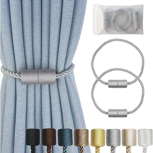 Hangtty Magnetic Curtain Tiebacks 2 Pack Grey Curtain Rope Tieback Curtain Holders for Drapes Modern Tie Backs Decorative Curtain Holdbacks