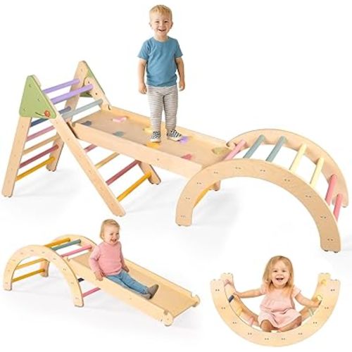 aiwo 7-in-1 Pikler Triangle Set Toddler Climbing Toys Indoor, Montessori Baby Climbing Gym, Climbing Set for Toddlers 1-3 Jungle Gym