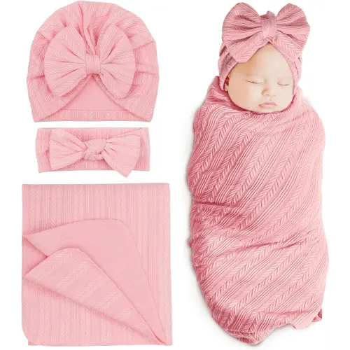 DRESHOW BQUBO Newborn Receiving Blanket Toddler Warm for Girls with Bow Hat and Bow Headband Shower Gift