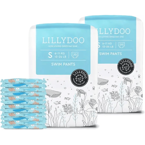 LILLYDOO Baby Swim Diapers - Size Small (13-24 lbs), Half-Monthly Supply (40 Count), Blue Whales Design, Skin-Friendly, Perfume- & Chlorine-Free, Hypoallergenic, Dermatologist Tested, Oeko-TEX®