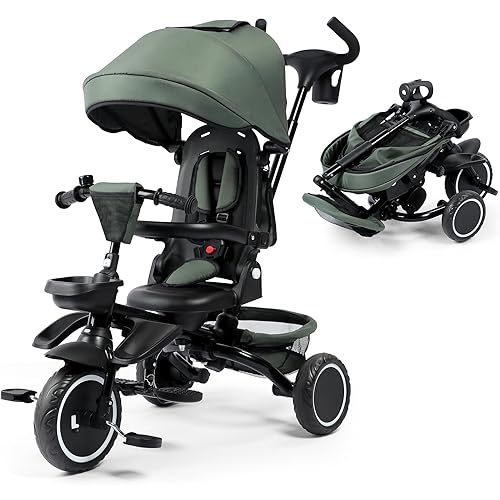 Kinder King Kids Tricycle, 8 in 1 Folding Toddler Trike w/Adjustable Push Handle, Rotatable Seat, Adjustable Canopy, Bell, Five-Point Harness, Storage, Toddler Stroller Bike for Age 6 Months+, Forest