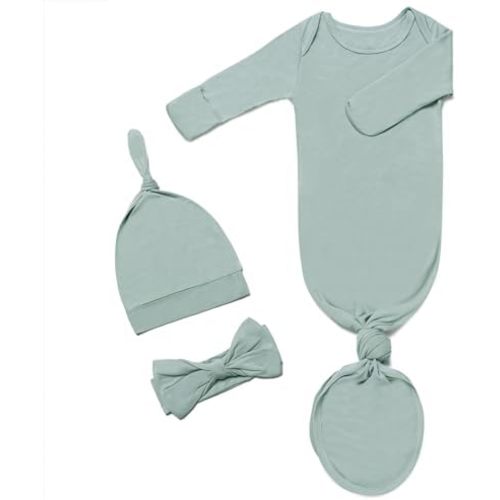 Knotted Gown Baby Newborn Hospital Outfit, Modal Infant Sleeper Gowns with Mittens, Bow and Hat Set, Nightgowns 0-3 Months