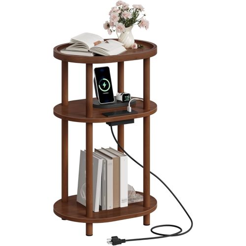 HOOBRO Small Side Table with Charging Station, 3-Tier Oval Bamboo End Table, Accent Table, Compact Sofa Bedside Table for Small Space, for Living Room, Bedroom, Apartment, Mocha MA177UBZ01