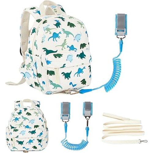 Corduroy Toddler Backpack with Detachable Leash and Anti-Lost Wrist Link, Safety Harness Walking Backpack for Toddler Boys Girls 1-3, Cute Dinosaur Travel Backpack with Leash for Kids