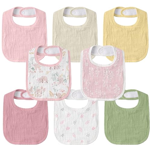 Baby Muslin Bibs 8 Pack, Drooling and Teething Bibs for Baby Girl, Absorbent, Soft Organic Cotton, Adjustable Bandana Bib for Newborn, Toddler, Infant 0-36 Months, Sweet Pink Elephant