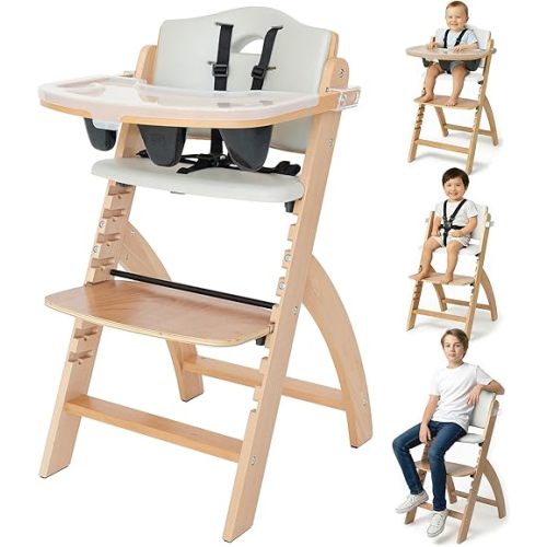Abiie Beyond Junior Wooden High Chair for Babies and Toddlers - Convertible 3-in-1 Baby Highchair with Removable Tray - 6 Months to 250 Lb - Water Resistant - Natural Wood/Dove Grey Cushion