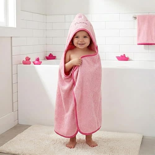 EVERYDAY KIDS Hooded Baby Toddler Bath Towel for Girls - 3D Pink Princess Towel with Crown; Soft and Absorbent Terry Cloth Hooded Towel for Young Kids; Baby Girl Bath Essential