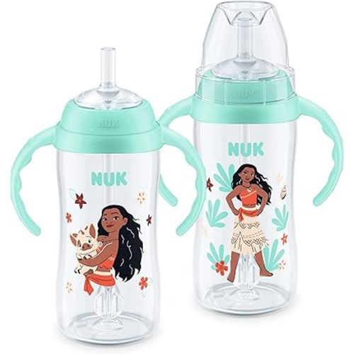NUK First Choice Moana Learner Cup, 10 oz. Sippy Cup with Handles, Spill Proof, Leak Proof Soft Straw Cup, 2-pack