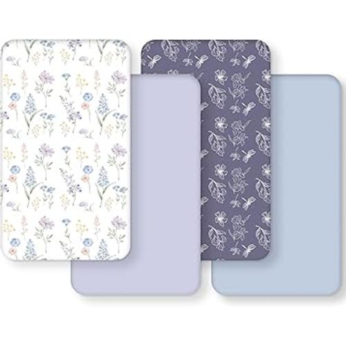 Crib Sheets Girl, Toddler Bed Sheets Fitted for 52”x28”Standard Crib and Toddler Mattresses, 4 Pack Soft Breathable Stretchy Blue Purple Flower