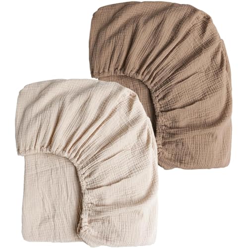 Konssy 2 Pack Muslin Crib Sheets for Standard Crib Mattress, 52" x 28" | 100% Cotton, Soft & Breathable, 360 Elastic Snug Fit, Solid & Printed Designs for Baby Girls & Boys (Brown,Cream)