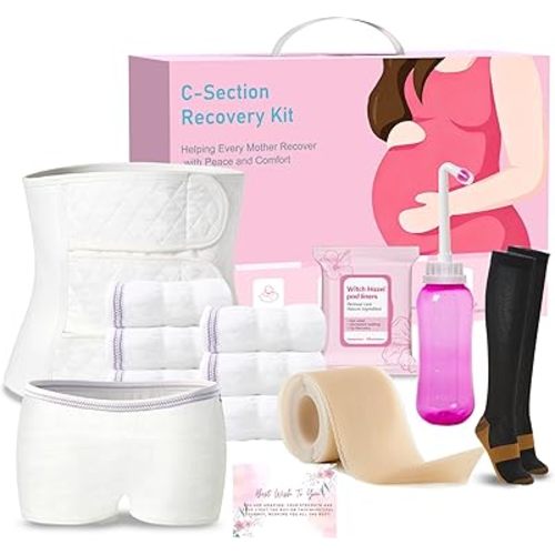 C Section Recovery Must Haves Kit - Peri Bottle,Disposable Mesh Underwears,Witch Hazel Pad Liners,Silicone Scar Patches, Abdominal Belly Binder,Socks,C-Section Recovery Essentials Kit