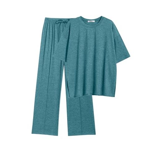 Ekouaer Lounge Sets for Women Short Sleeve Pullover Tops and Long Pants Soft Pajamas Set 2 Piece Outfits S-XXL